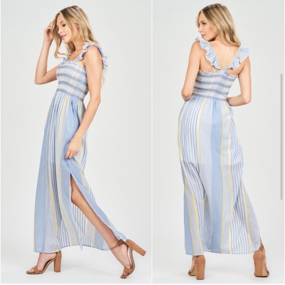 Blue yellow maxi ruffle shoulder dress - Picture 1 of 5